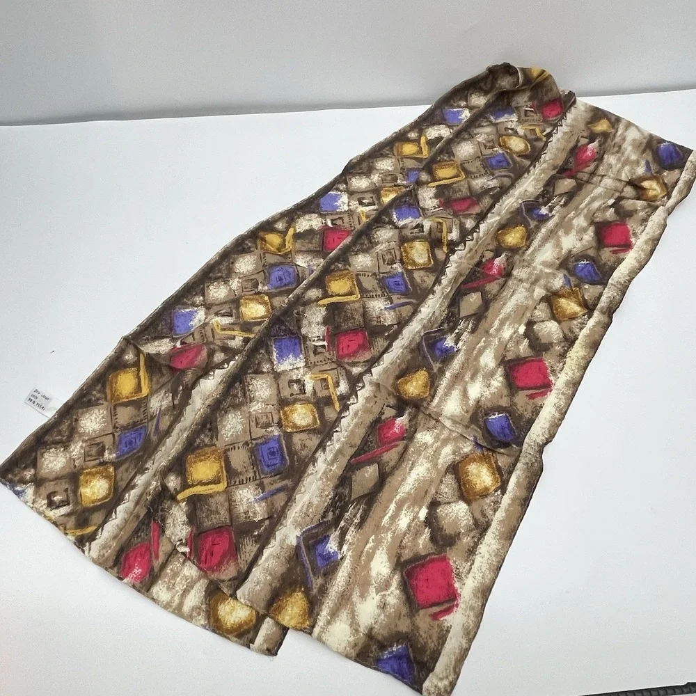 Vintage 80s Oblong Scarf 100% Silk Geometric‎ Pattern Brown Pink Purple Korea